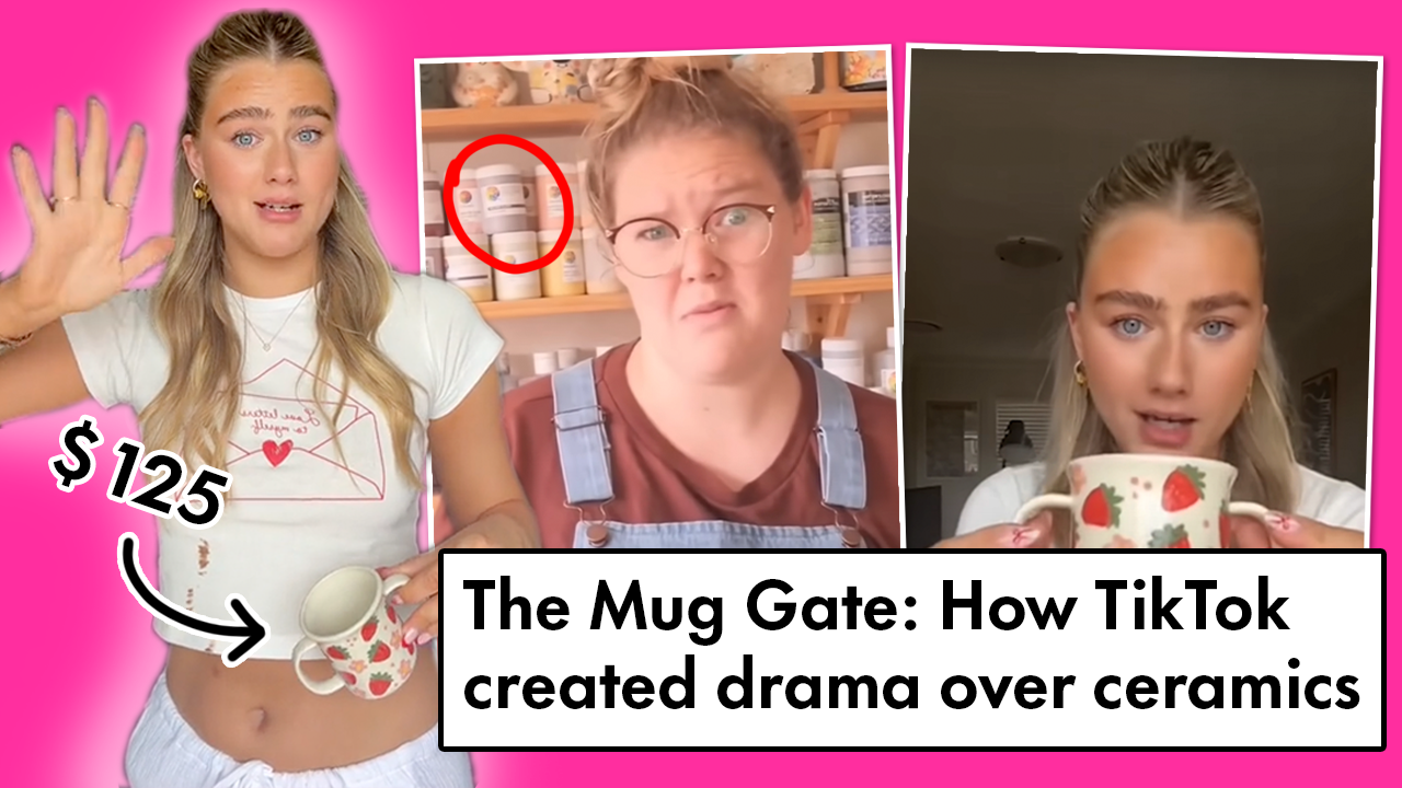 a picture of two tiktoks in the background and on the foreground a cut out image of the girl with a ceramic priced at 125 aus dollars. the text in the foreground is: THe mug gate: How TikTok created drama over ceramics