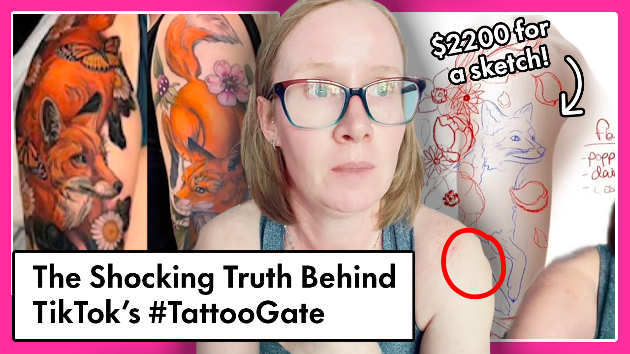 A picture of two tattoos, one is a pretty fox and th e one on the left is a not so good looking sketch with the price tag on it with 2200 canedian dollars on it. The text on the foreground is called: The shocking truth behind #Tattoogate