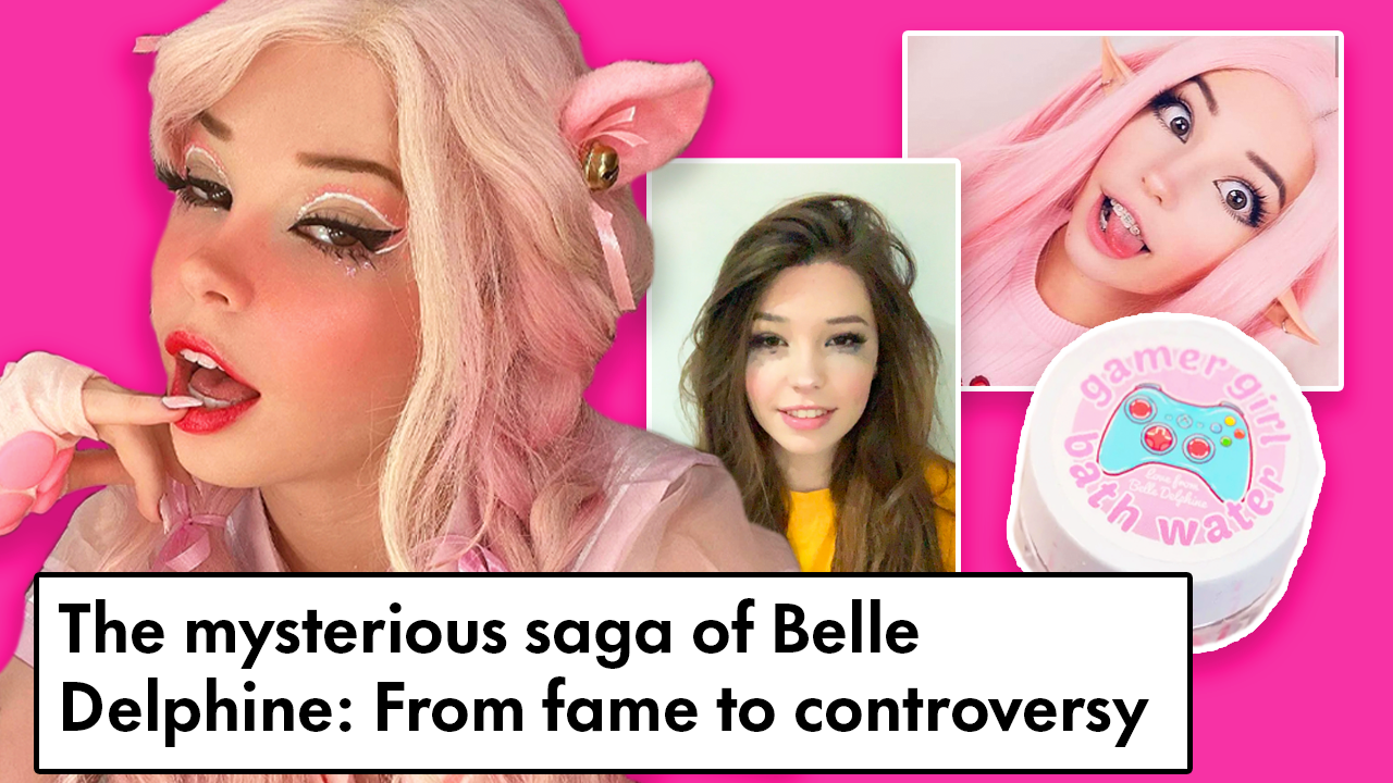 three pictures of belle delphine, one being her mugshot and two of them being in a cosplay with a pink wig.