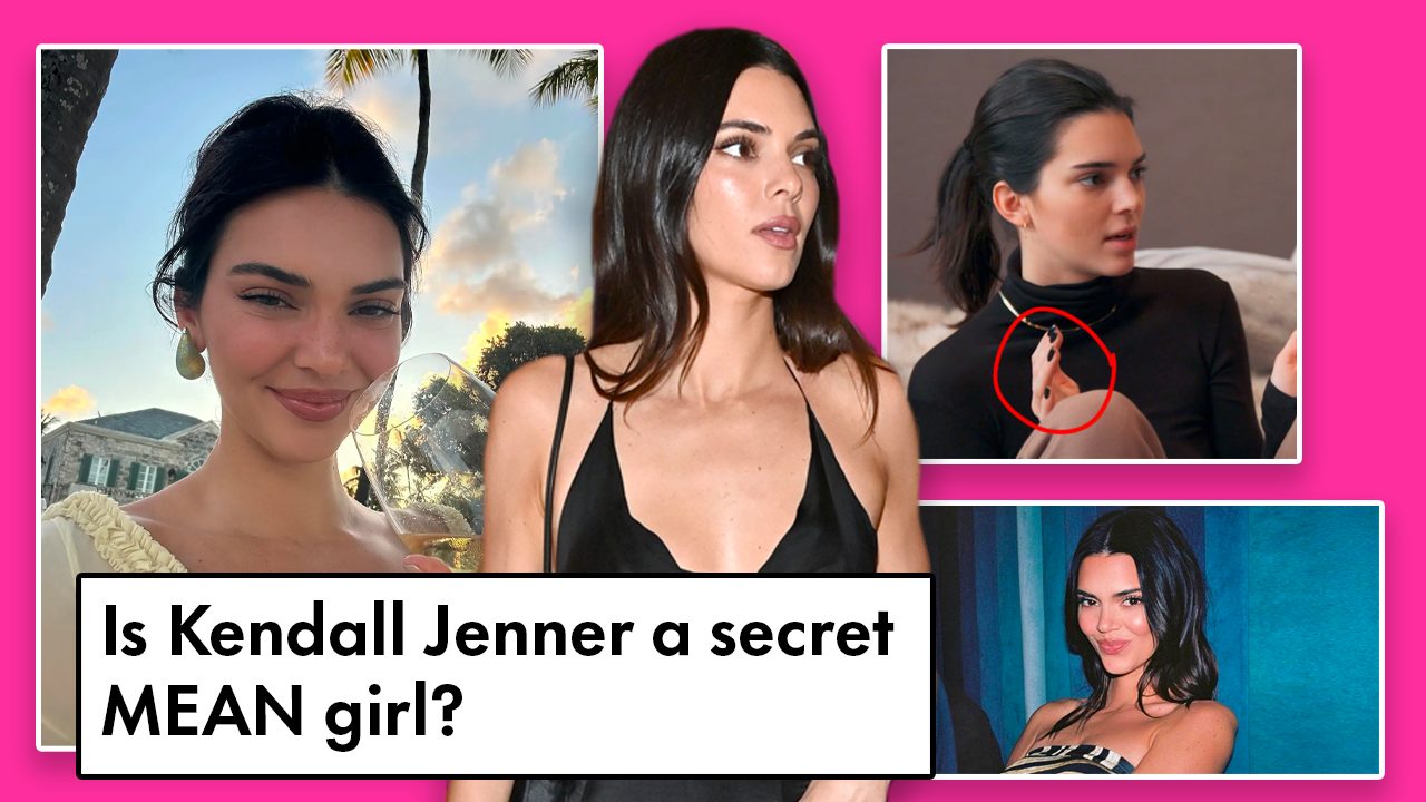 Three pictures of Kendall jenner in the background looking at the camera with different expressions. In the front you can see her in a black dress and the text on the foreground is: Is Kendall Jenner a MEAN Girl?