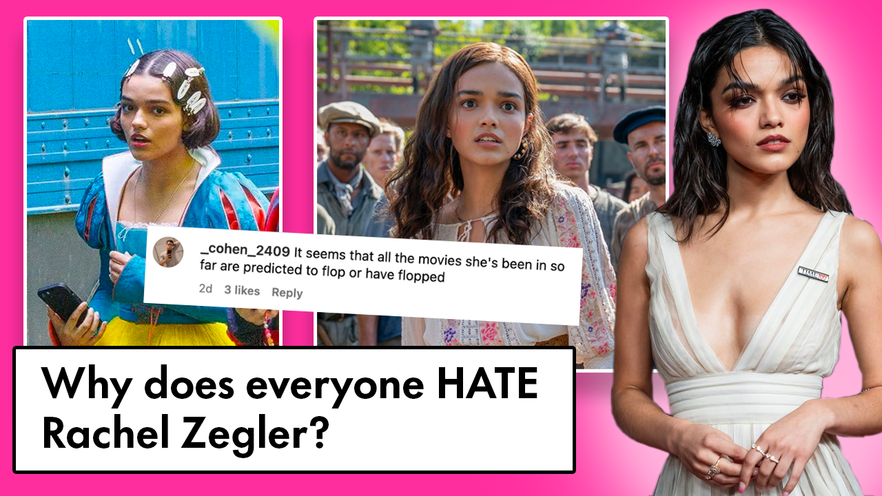 Two pictures of rachel zegler in the background, one of the set of hunger games and one of the set of the new snow white cast. With a picture in a pretty white dress in the foeground together with the text: Why does everyone hate Rachel Zegler?