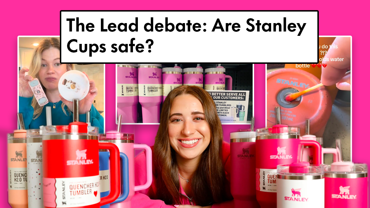 A picture of a girl with tons of stanley cups and a big smile with in the background several tiktoks screenshots about stanley cups and the text in the foreground: THe lead debate: are stanley cups safe?